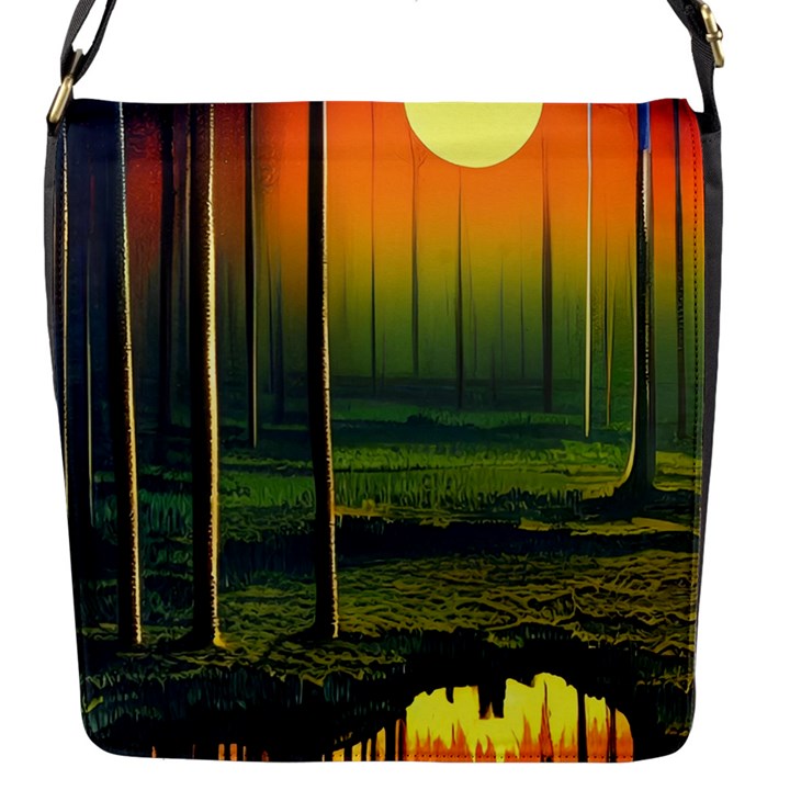 Outdoors Night Moon Full Moon Trees Setting Scene Forest Woods Light Moonlight Nature Wilderness Lan Flap Closure Messenger Bag (S)