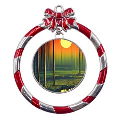 Outdoors Night Moon Full Moon Trees Setting Scene Forest Woods Light Moonlight Nature Wilderness Lan Metal Red Ribbon Round Ornament by Posterlux