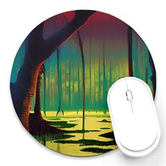 Nature Swamp Water Sunset Spooky Night Reflections Bayou Lake Round Mousepad by Posterlux