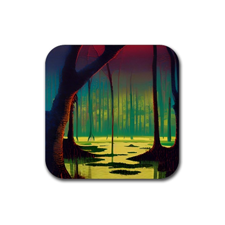 Nature Swamp Water Sunset Spooky Night Reflections Bayou Lake Rubber Coaster (Square)