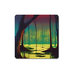 Nature Swamp Water Sunset Spooky Night Reflections Bayou Lake Square Magnet by Posterlux