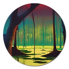 Nature Swamp Water Sunset Spooky Night Reflections Bayou Lake Magnet 5  (round) by Posterlux