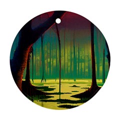 Nature Swamp Water Sunset Spooky Night Reflections Bayou Lake Round Ornament (two Sides) by Posterlux