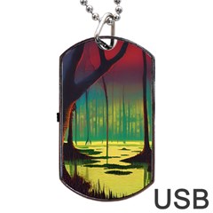 Nature Swamp Water Sunset Spooky Night Reflections Bayou Lake Dog Tag Usb Flash (one Side) by Posterlux