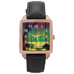 Nature Swamp Water Sunset Spooky Night Reflections Bayou Lake Rose Gold Leather Watch  by Posterlux