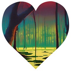 Nature Swamp Water Sunset Spooky Night Reflections Bayou Lake Wooden Puzzle Heart by Posterlux