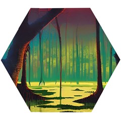 Nature Swamp Water Sunset Spooky Night Reflections Bayou Lake Wooden Puzzle Hexagon by Posterlux