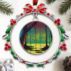 Nature Swamp Water Sunset Spooky Night Reflections Bayou Lake Metal X mas Wreath Ribbon Ornament by Posterlux