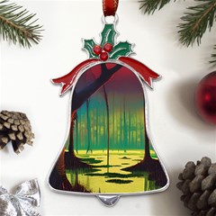 Nature Swamp Water Sunset Spooky Night Reflections Bayou Lake Metal Holly Leaf Bell Ornament by Posterlux