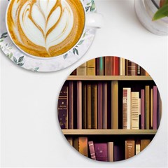 Books Bookshelves Office Fantasy Background Artwork Book Cover Apothecary Book Nook Literature Libra UV Print Round Tile Coaster