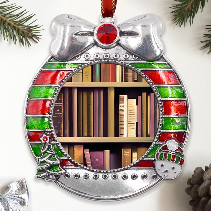 Books Bookshelves Office Fantasy Background Artwork Book Cover Apothecary Book Nook Literature Libra Metal X Mas Ribbon With Red Crystal Round Ornament