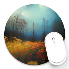 Wildflowers Field Outdoors Clouds Trees Cover Art Storm Mysterious Dream Landscape Round Mousepad