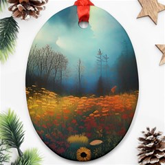 Wildflowers Field Outdoors Clouds Trees Cover Art Storm Mysterious Dream Landscape Ornament (oval)