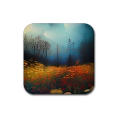 Wildflowers Field Outdoors Clouds Trees Cover Art Storm Mysterious Dream Landscape Rubber Coaster (square) by Posterlux