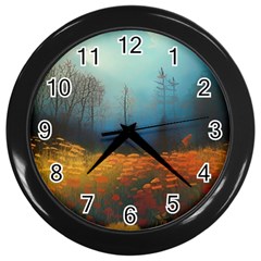 Wildflowers Field Outdoors Clouds Trees Cover Art Storm Mysterious Dream Landscape Wall Clock (black) by Posterlux