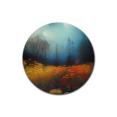 Wildflowers Field Outdoors Clouds Trees Cover Art Storm Mysterious Dream Landscape Rubber Round Coaster (4 Pack) by Posterlux