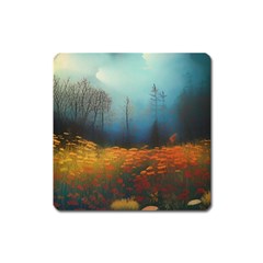 Wildflowers Field Outdoors Clouds Trees Cover Art Storm Mysterious Dream Landscape Square Magnet