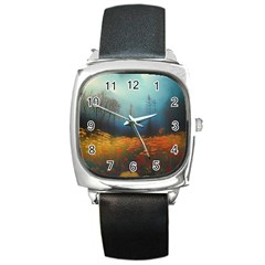 Wildflowers Field Outdoors Clouds Trees Cover Art Storm Mysterious Dream Landscape Square Metal Watch