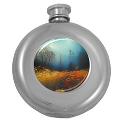 Wildflowers Field Outdoors Clouds Trees Cover Art Storm Mysterious Dream Landscape Round Hip Flask (5 Oz)