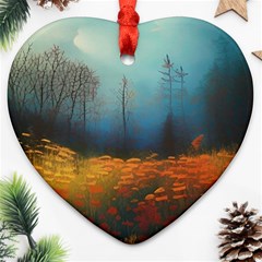 Wildflowers Field Outdoors Clouds Trees Cover Art Storm Mysterious Dream Landscape Heart Ornament (two Sides)