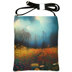 Wildflowers Field Outdoors Clouds Trees Cover Art Storm Mysterious Dream Landscape Shoulder Sling Bag by Posterlux