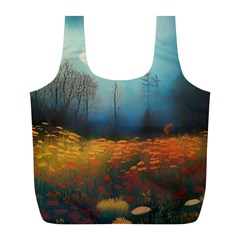 Wildflowers Field Outdoors Clouds Trees Cover Art Storm Mysterious Dream Landscape Full Print Recycle Bag (l)