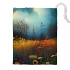 Wildflowers Field Outdoors Clouds Trees Cover Art Storm Mysterious Dream Landscape Drawstring Pouch (4xl) by Posterlux