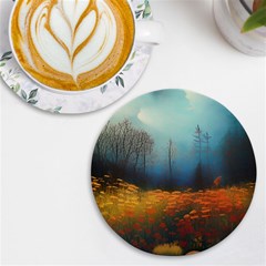 Wildflowers Field Outdoors Clouds Trees Cover Art Storm Mysterious Dream Landscape Uv Print Round Tile Coaster by Posterlux