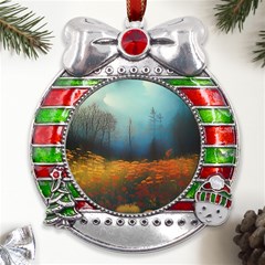 Wildflowers Field Outdoors Clouds Trees Cover Art Storm Mysterious Dream Landscape Metal X mas Ribbon With Red Crystal Round Ornament by Posterlux