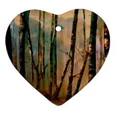 Woodland Woods Forest Trees Nature Outdoors Mist Moon Background Artwork Book Ornament (heart) by Posterlux