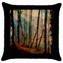 Woodland Woods Forest Trees Nature Outdoors Mist Moon Background Artwork Book Throw Pillow Case (black) by Posterlux