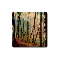 Woodland Woods Forest Trees Nature Outdoors Mist Moon Background Artwork Book Square Magnet