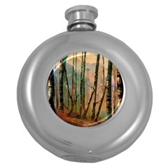 Woodland Woods Forest Trees Nature Outdoors Mist Moon Background Artwork Book Round Hip Flask (5 Oz) by Posterlux