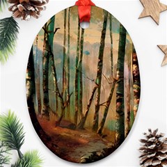 Woodland Woods Forest Trees Nature Outdoors Mist Moon Background Artwork Book Oval Ornament (two Sides)