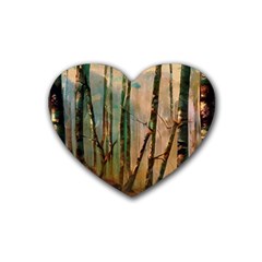 Woodland Woods Forest Trees Nature Outdoors Mist Moon Background Artwork Book Rubber Coaster (heart) by Posterlux