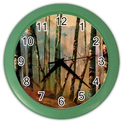 Woodland Woods Forest Trees Nature Outdoors Mist Moon Background Artwork Book Color Wall Clock by Posterlux