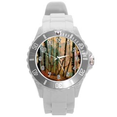 Woodland Woods Forest Trees Nature Outdoors Mist Moon Background Artwork Book Round Plastic Sport Watch (l) by Posterlux