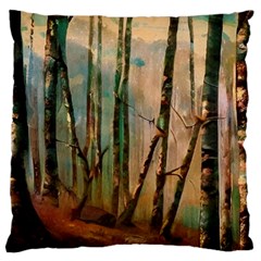 Woodland Woods Forest Trees Nature Outdoors Mist Moon Background Artwork Book Large Cushion Case (one Side) by Posterlux