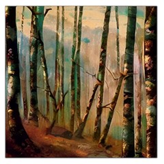 Woodland Woods Forest Trees Nature Outdoors Mist Moon Background Artwork Book Square Satin Scarf (36  X 36 ) by Posterlux