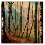 Woodland Woods Forest Trees Nature Outdoors Mist Moon Background Artwork Book Square Satin Scarf (36  x 36 ) Front