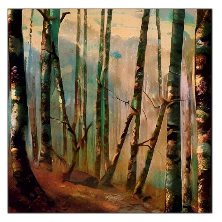 Woodland Woods Forest Trees Nature Outdoors Mist Moon Background Artwork Book Square Satin Scarf (36  x 36 )