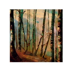 Woodland Woods Forest Trees Nature Outdoors Mist Moon Background Artwork Book Square Satin Scarf (30  X 30 ) by Posterlux