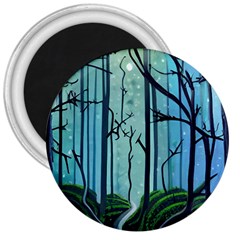 Nature Outdoors Night Trees Scene Forest Woods Light Moonlight Wilderness Stars 3  Magnets by Posterlux