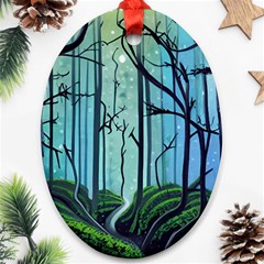 Nature Outdoors Night Trees Scene Forest Woods Light Moonlight Wilderness Stars Ornament (oval)