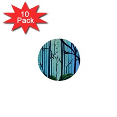 Nature Outdoors Night Trees Scene Forest Woods Light Moonlight Wilderness Stars 1  Mini Buttons (10 Pack) 