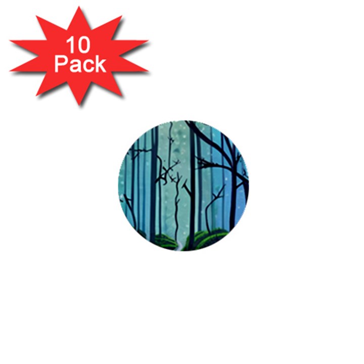 Nature Outdoors Night Trees Scene Forest Woods Light Moonlight Wilderness Stars 1  Mini Buttons (10 pack) 