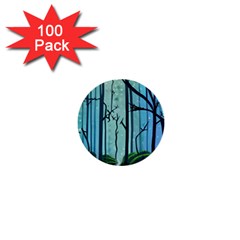 Nature Outdoors Night Trees Scene Forest Woods Light Moonlight Wilderness Stars 1  Mini Buttons (100 Pack) 