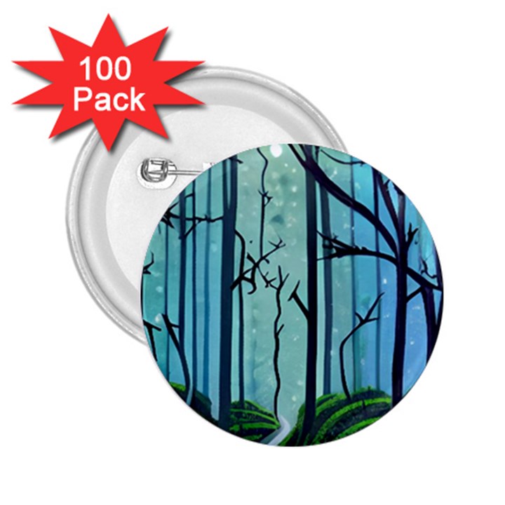 Nature Outdoors Night Trees Scene Forest Woods Light Moonlight Wilderness Stars 2.25  Buttons (100 pack) 