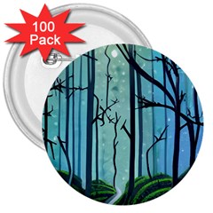 Nature Outdoors Night Trees Scene Forest Woods Light Moonlight Wilderness Stars 3  Buttons (100 Pack) 