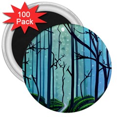 Nature Outdoors Night Trees Scene Forest Woods Light Moonlight Wilderness Stars 3  Magnets (100 Pack)